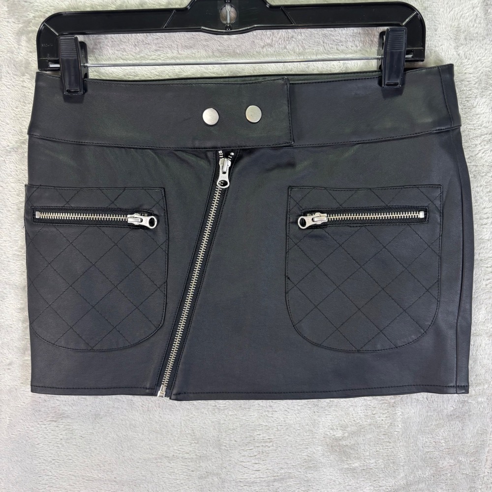 Glassons Faux Leather Mini Skirt Quilted Pockets Moto Zipper Black Size 6 New